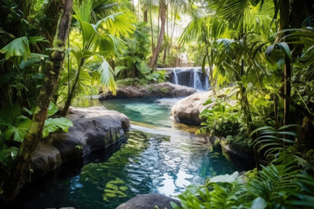 tropical vegetation surrounding an open-air hot spring, created with generative aiの素材