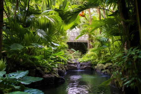 tropical vegetation surrounding an open-air hot spring, created with generative aiの素材