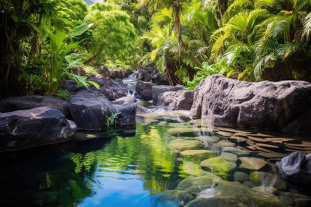 vegetation-covered rocks surrounding a serene hot spring, created with generative aiの素材