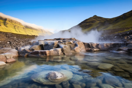 steam rising from a hot spring surrounded by rocks, created with generative aiの素材