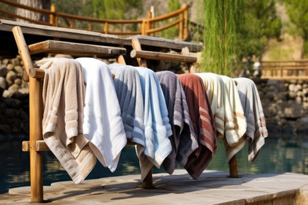 towels draped over a wooden rack by a hot spring, created with generative aiの素材