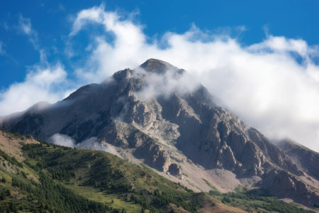 stratus clouds closing in on a mountain peak, created with generative aiの素材