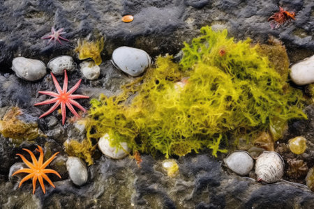 a medley of seaweeds and mosses on a beach stone, created with generative aiの素材