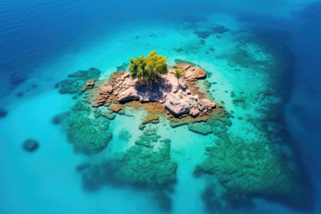 a birds-eye view of an islet amidst turquoise waters, created with generative aiの素材