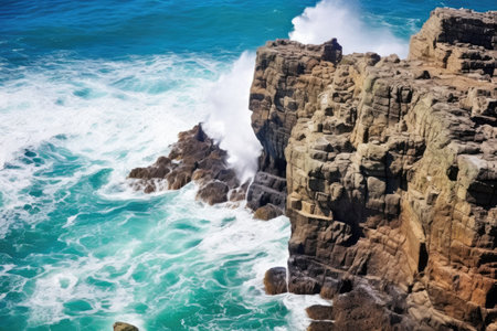 rugged rocks acting barrier for the intense waves of the sea, created with generative aiの素材