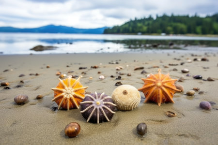 sea urchins and starfishes sunbathing on wet sand, created with generative aiの素材