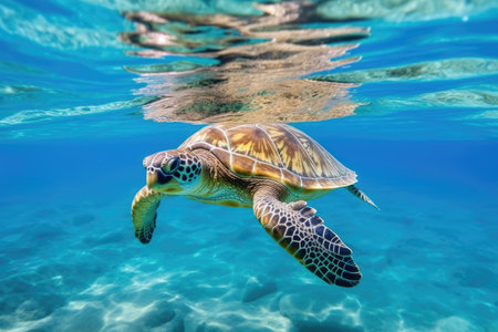 a solitary sea turtle swimming in turquoise water, created with generative aiの素材