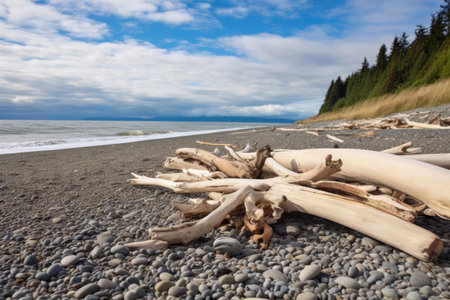 accumulation of driftwood along a pristine beach front, created with generative aiの素材