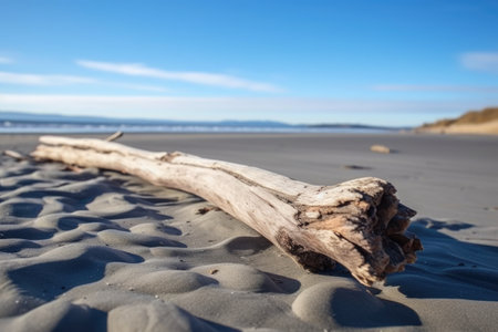 close up of weathered driftwood resting on a sandy beach, created with generative aiの素材