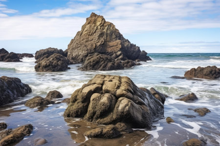 a rocky outcrop jutting out into the ocean at high tide, created with generative aiの素材