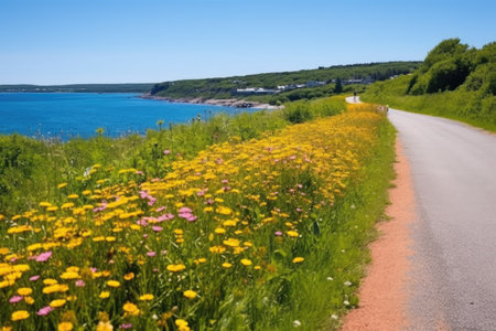 coastal cycling path surrounded by colorful wildflowers, created with generative aiの素材