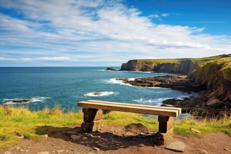 empty wooden bench overlooking a rocky coastline, created with generative aiの素材