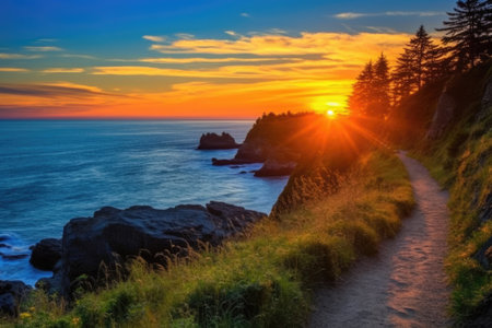 sunset view from coastal trail, intensified colors, created with generative aiの素材