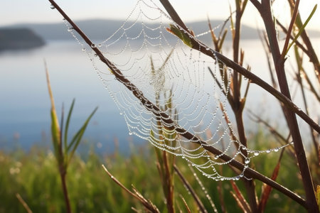 dew drops sparkling on a spider web at an inland lighthouse, created with generative aiの素材