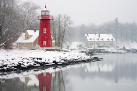 a rare snowfall blankets an inland lighthouse, created with generative aiの素材