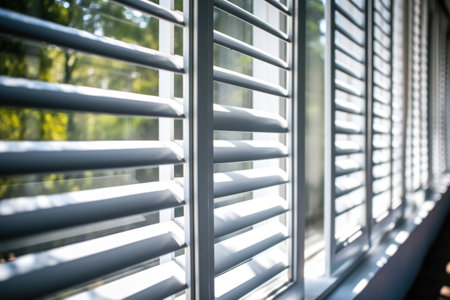 close-up of white wooden shutters on a windows, created with generative aiの素材