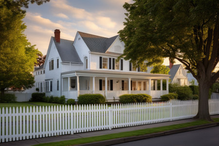 colonial house with dual chimneys with a white picket fence, created with generative aiの素材