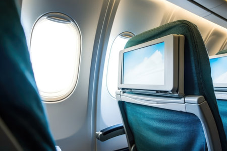 close-up of inflight screen in airplane seat, created with generative aiの素材