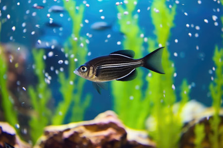 black skirt tetra against background of aquarium bubbles, created with generative aiの素材