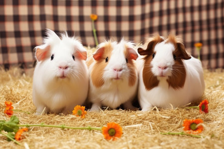 guinea pig trio sitting on fresh hay, created with generative aiの素材