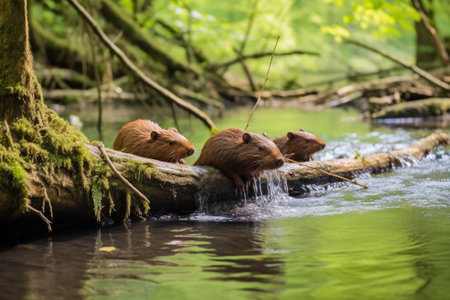 beavers building a dam in a forest stream, created with generative aiの素材