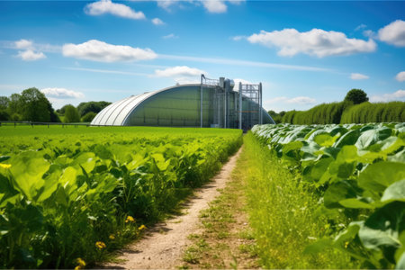biogas plant in rural landscape scene, created with generative aiの素材