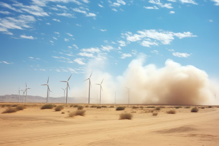 desert wind farm with dust blowing around, created with generative aiの素材