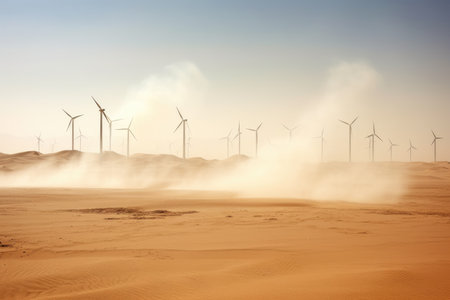 desert wind farm with dust blowing around, created with generative aiの素材
