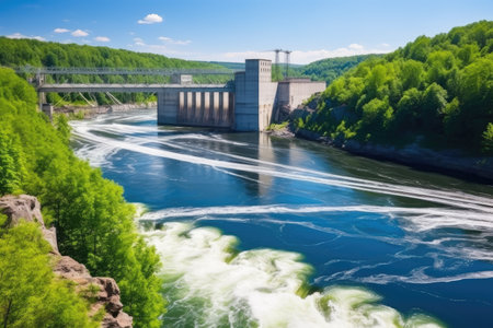 hydroelectric power station on a fast-running river, created with generative aiの素材