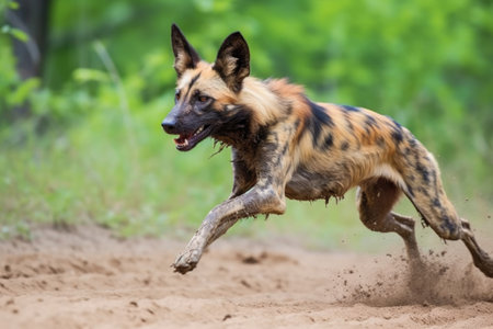 african wild dog running in a savannah conservation area, created with generative aiの素材
