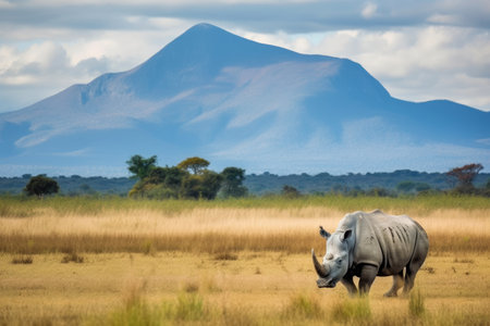 a white rhino grazing on a plain against a distant mountain, created with generative aiの素材