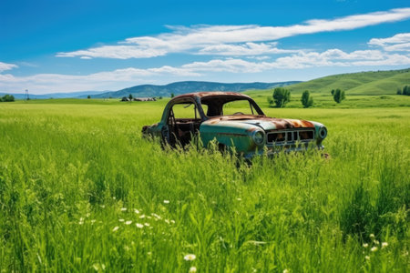abandoned car rusting in a green field, created with generative aiの素材