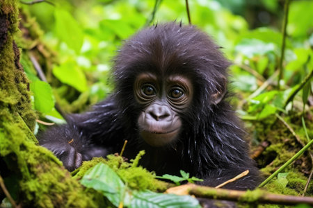a mountain gorilla in a lush green habitat, created with generative aiの素材