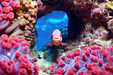 eel peering out from a hole in a coral formation, created with generative aiの素材