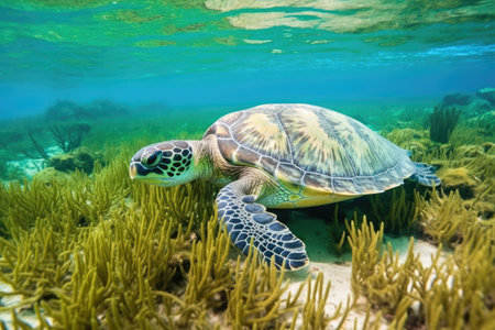 a sea turtle grazing on a bed of seagrass amidst corals, created with generative aiの素材