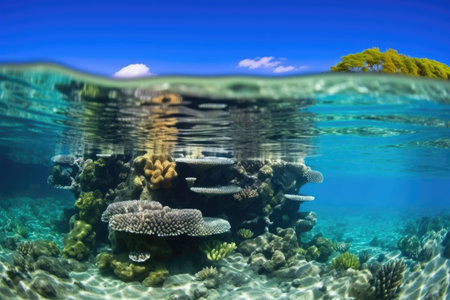 coral reef reflected in calm water surface from below, created with generative aiの素材