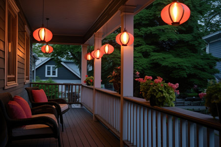 porch of a craftsman house adorned with lanterns, created with generative aiの素材