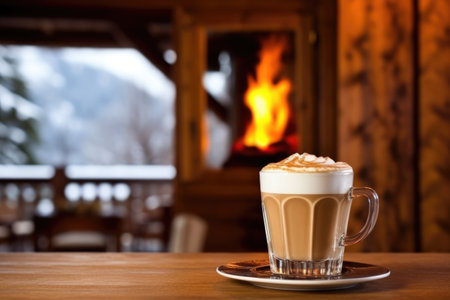 warm cappuccino atop a chalets bar counter, created with generative aiの素材