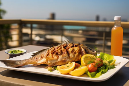 rooftop restaurant table featuring grilled fish and vegetables, created with generative aiの素材