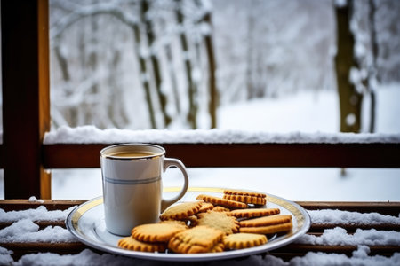 espresso served with shortbread cookies on a snowy cabin porch, created with generative aiの素材