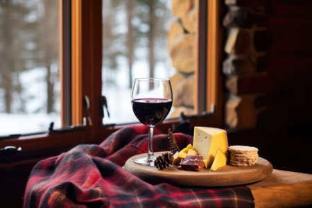 glass of red wine with cheese platter in a ski lodge, created with generative aiの素材