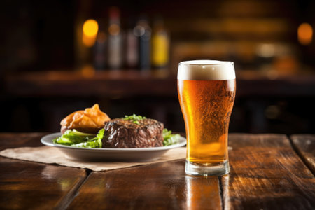 pint of craft beer next to a cheeseburger on pub table, created with generative aiの素材
