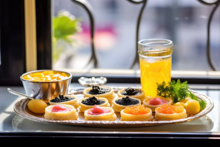 a caviar appetizer on blinis at a restaurants window table, created with generative aiの素材