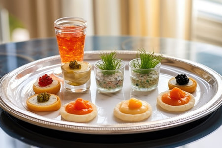 a caviar appetizer on blinis at a restaurants window table, created with generative aiの素材
