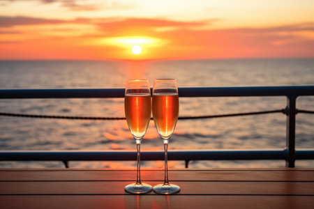 champagne flutes on ship deck with sunset horizon, created with generative aiの素材