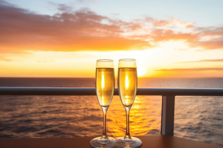 champagne flutes on ship deck with sunset horizon, created with generative aiの素材