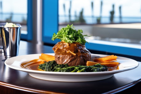 close-up shot of braised beef dish on ship bistro table, created with generative aiの素材
