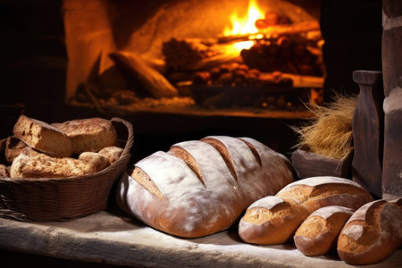 freshly baked bread in a traditional stone oven, created with generative aiの素材