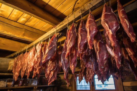 smoked meat hanging from the ceiling in a mountain hut, created with generative aiの素材