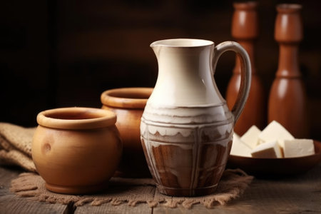 fresh milk poured from a clay jug into a traditional wooden cup, created with generative aiの素材